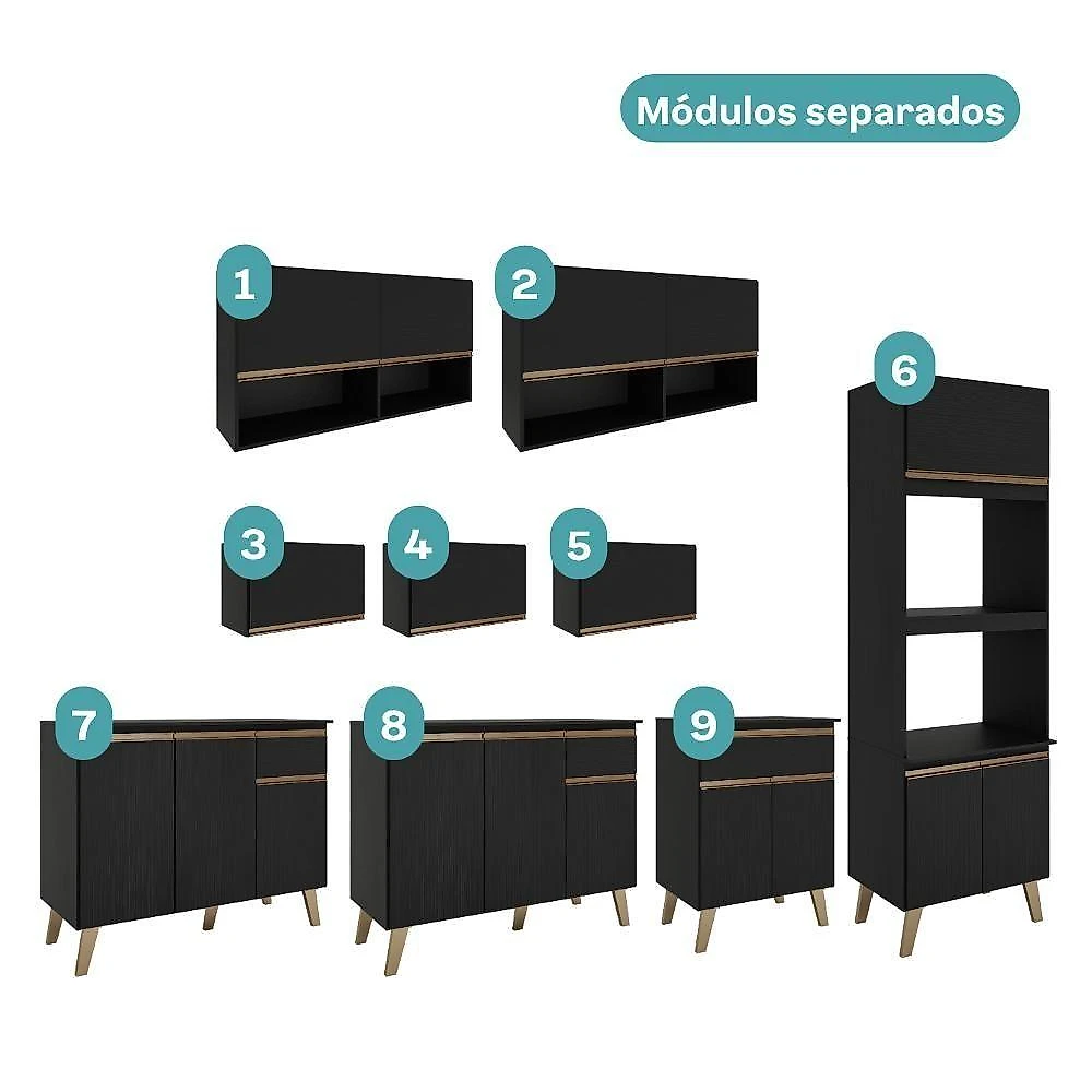 Cozinha Completa Atlanta Mile 18 Portas 3 Gavetas MDP 450CM Preto Touch Carraro