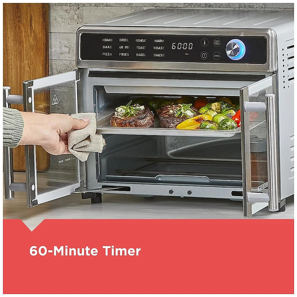 Forno Eltrico de Bancada em Ao Inoxidvel com 12 Funes de Cozimento, Temporizador, Funo Air Fryer e Display LED, 110V 1650W, BLACK DECKER TO62D5, Prata 110v