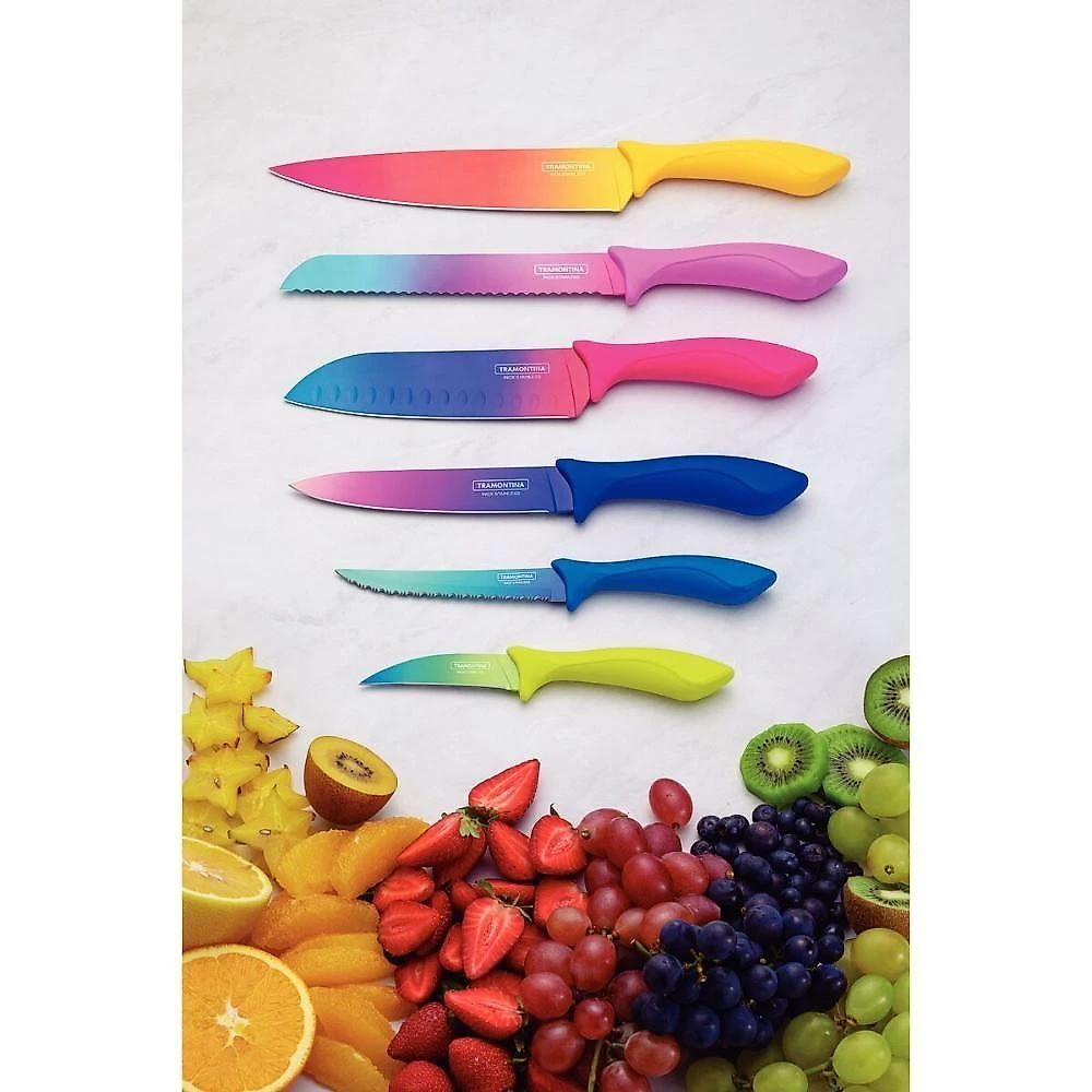 Jogo de Facas Colorcut com Lâminas em Aço Inox e Cabos Coloridos Cozinha Tramontina 06 Peças