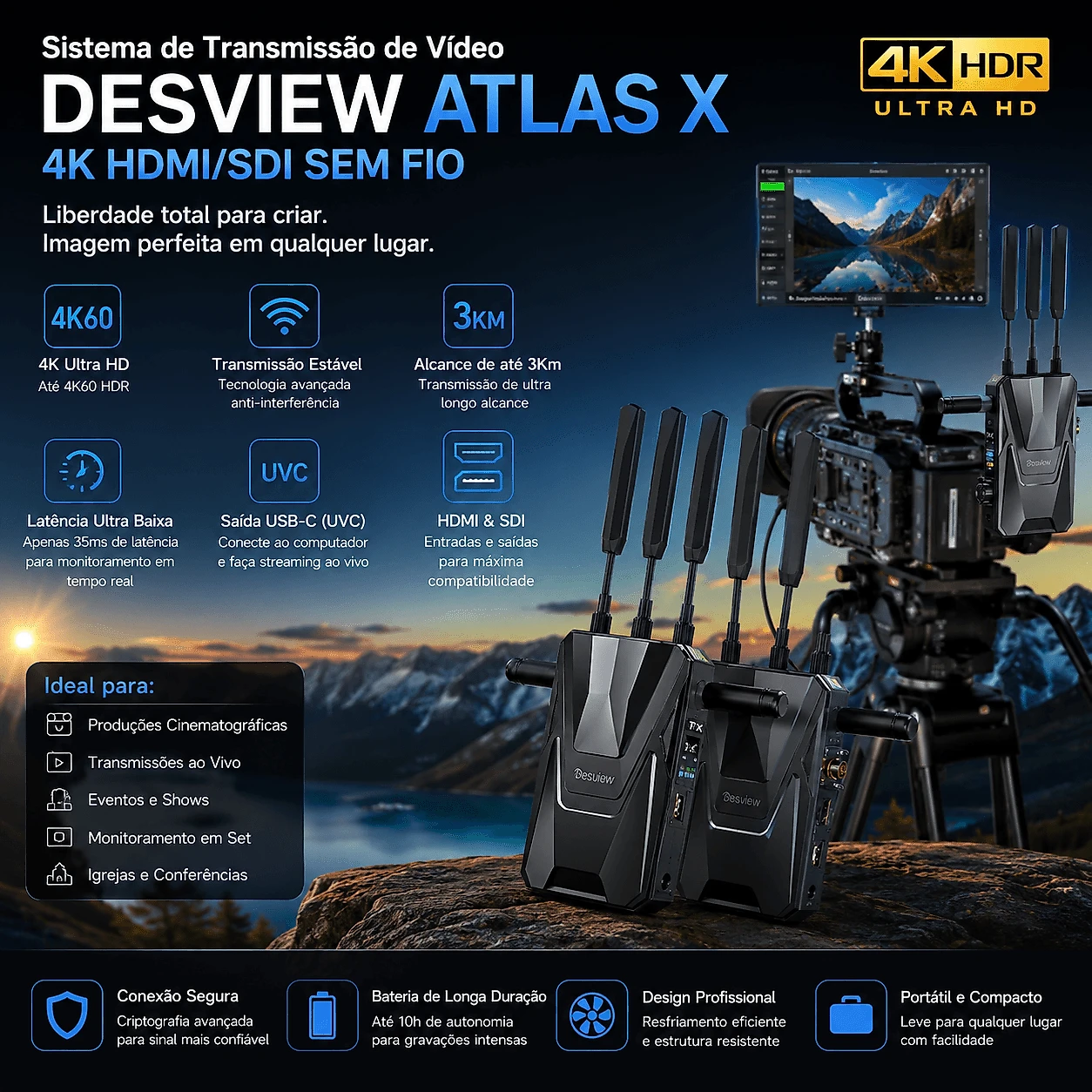 Sistema Transmissão de Vídeo Desview Atlas X 4K HDMI/SDI Sem Fio 3Km