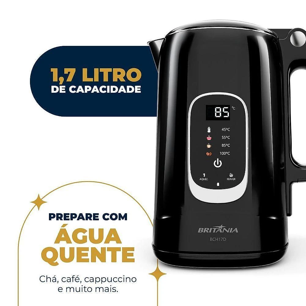 Chaleira Elétrica Britânia BCH17D 1250W 1,7L Aço Inox Preto Painel Touch 110V