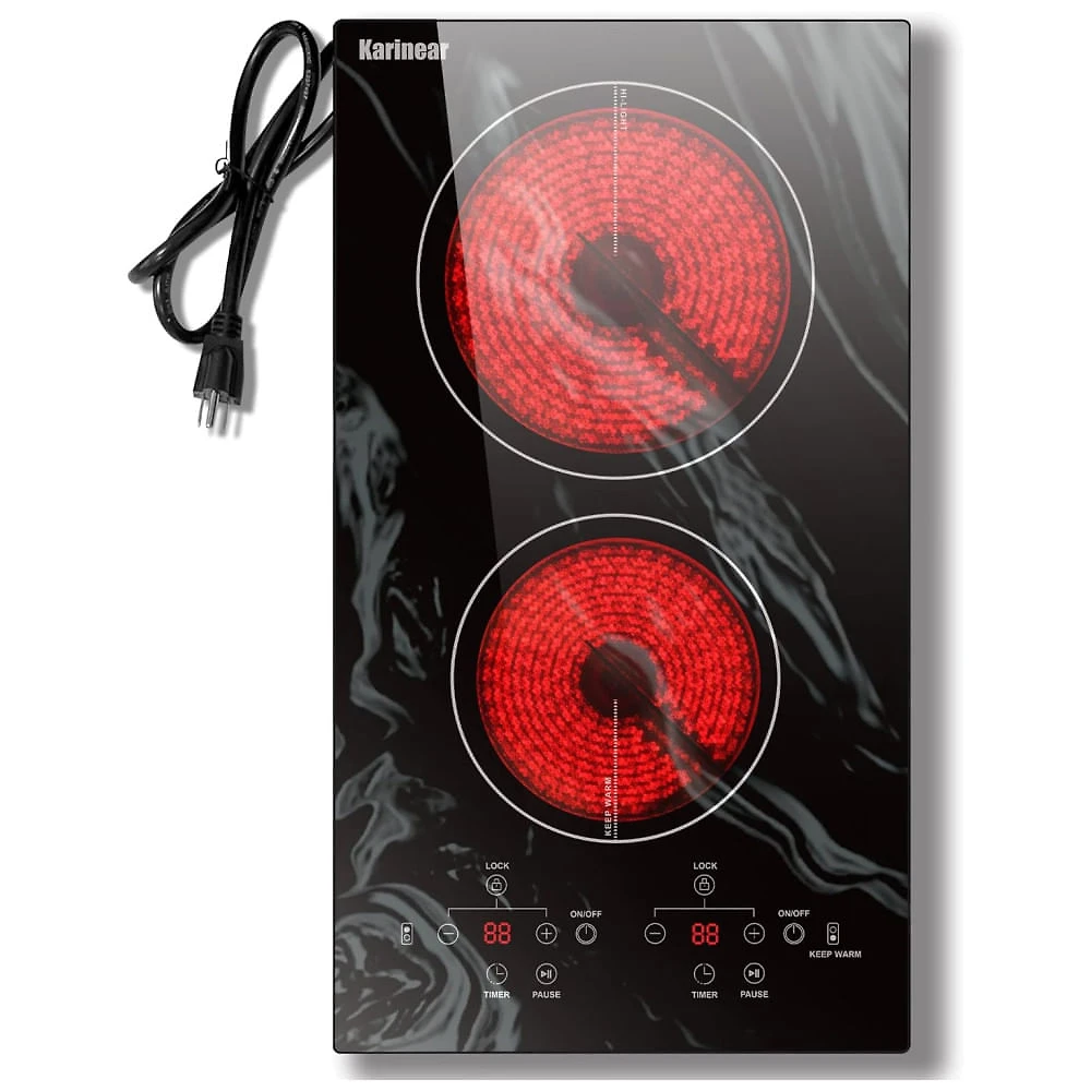 Cooktop Elétrico Portátil Karinear 2 Bocas, 110v, Cooktop Elétrico de Balcão ou Embutido, 30 cm de Vidro Cerâmico com Padrão de Ondas Belíssimo
