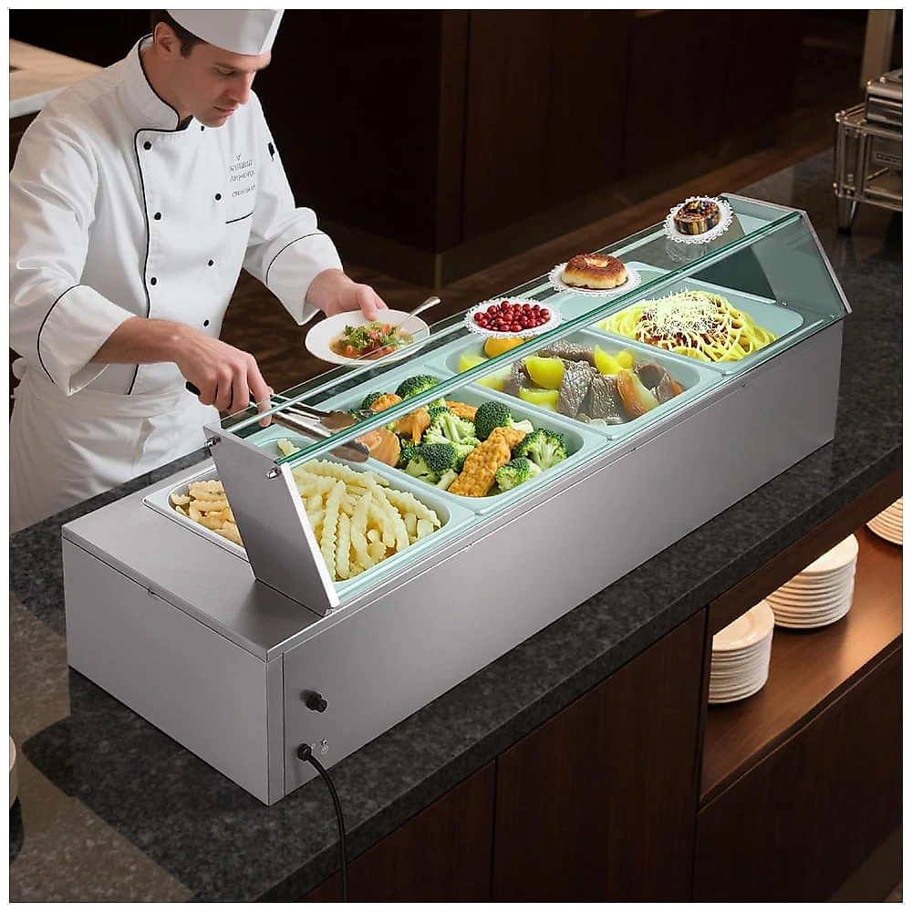 Aquecedor de Alimentos Buffet VEVOR M-2214 Inox 4 Cubas Banho-Maria Tampa de Vidro 1500W 110V