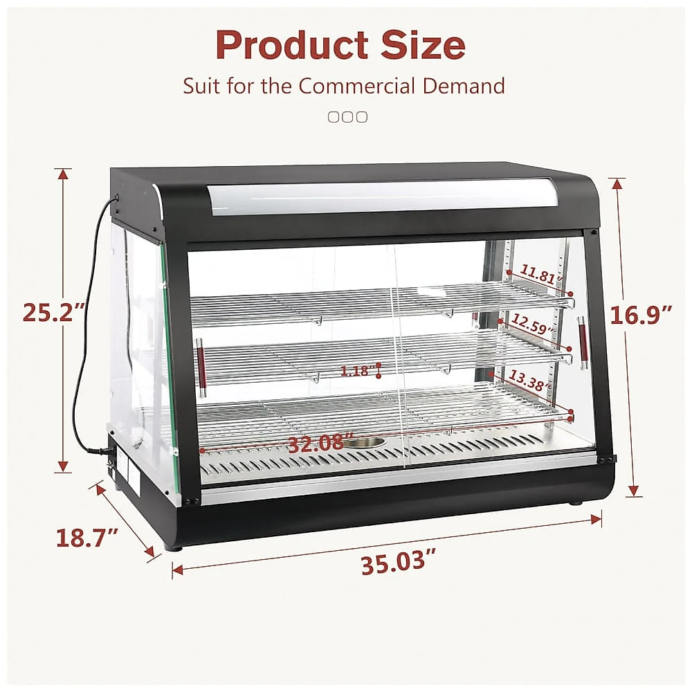 Aquecedor de Pizza Countertop Anpuce Preto Vidro Temperado Portas Deslizantes LED Horizontal 89x48x65 cm 110V 1500W para Buffet Restaurantes