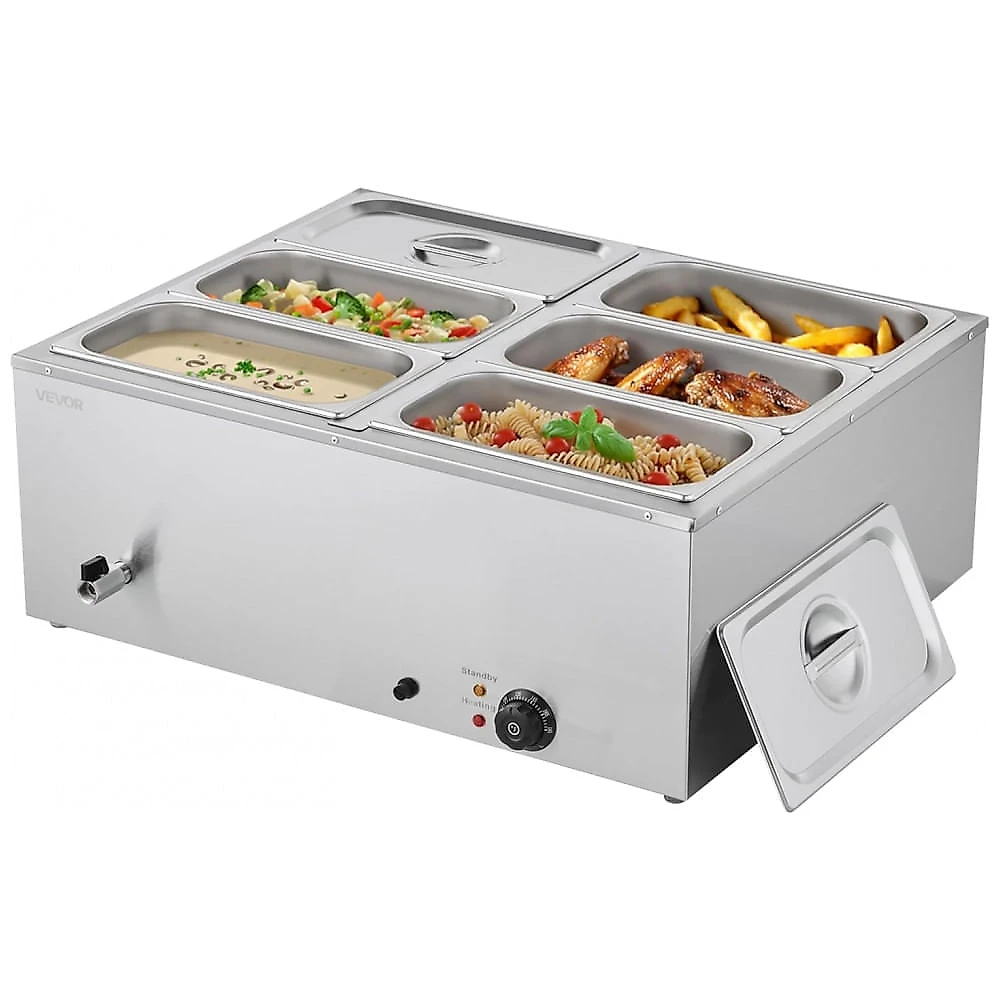 Aquecedor de Alimentos Buffet VEVOR M-1323 6 Cubas Banho-Maria 22,7L Inox 110V