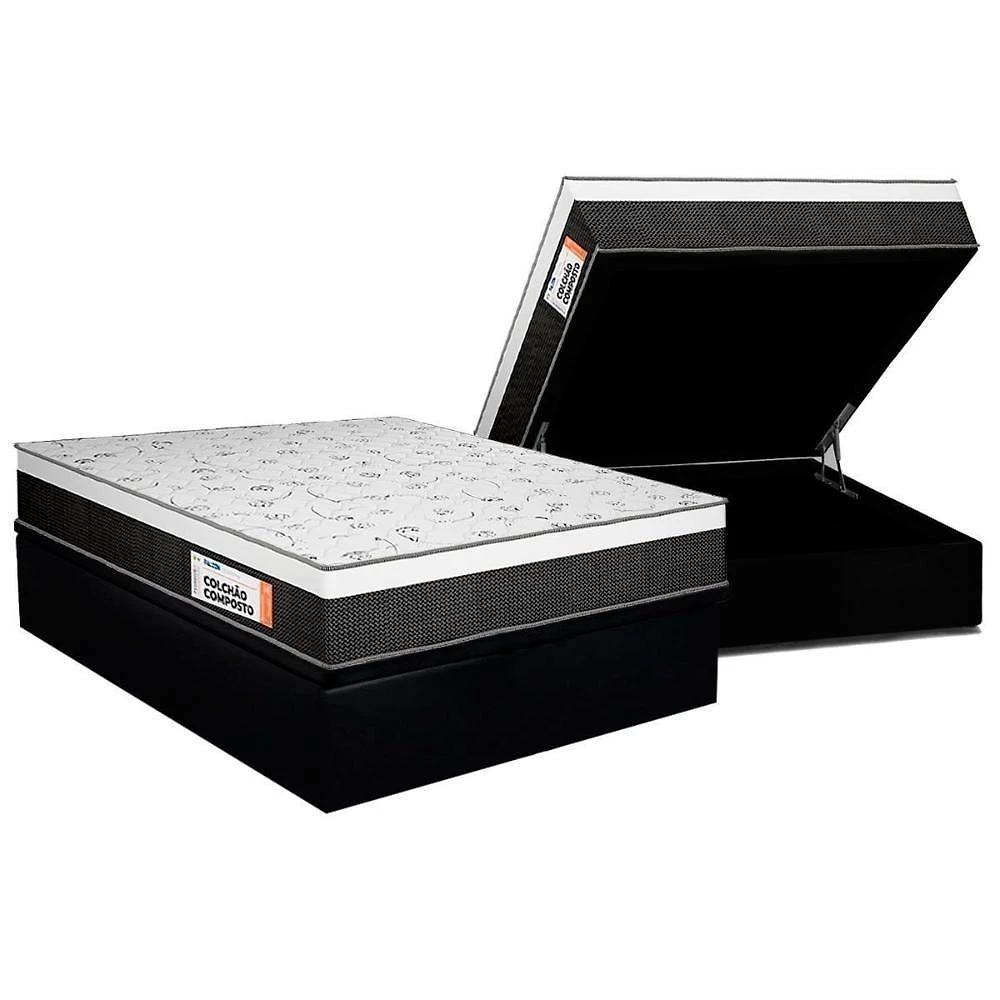 Cama Box Baú Queen: Colchão Ortopédico Plumatex Falcon Ultra Firme + Base Crc Suede Black (158x198)