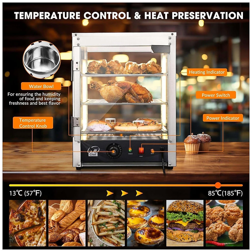 Expositor Aquecedor de Alimentos WeChef 3 Andares 38 cm Pizza Aquecedor Elétrico com Iluminação LED Ajustável Aço Inoxidável 600W 57-85°C (112