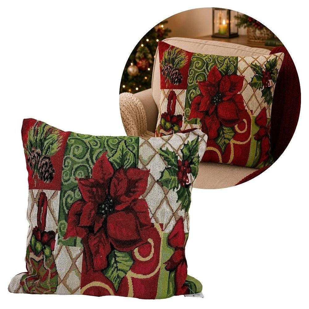 Capa de Almofada Natalina Gobelin Bico de Papagaio e Pinhas Vermelho Yangzi 45CM