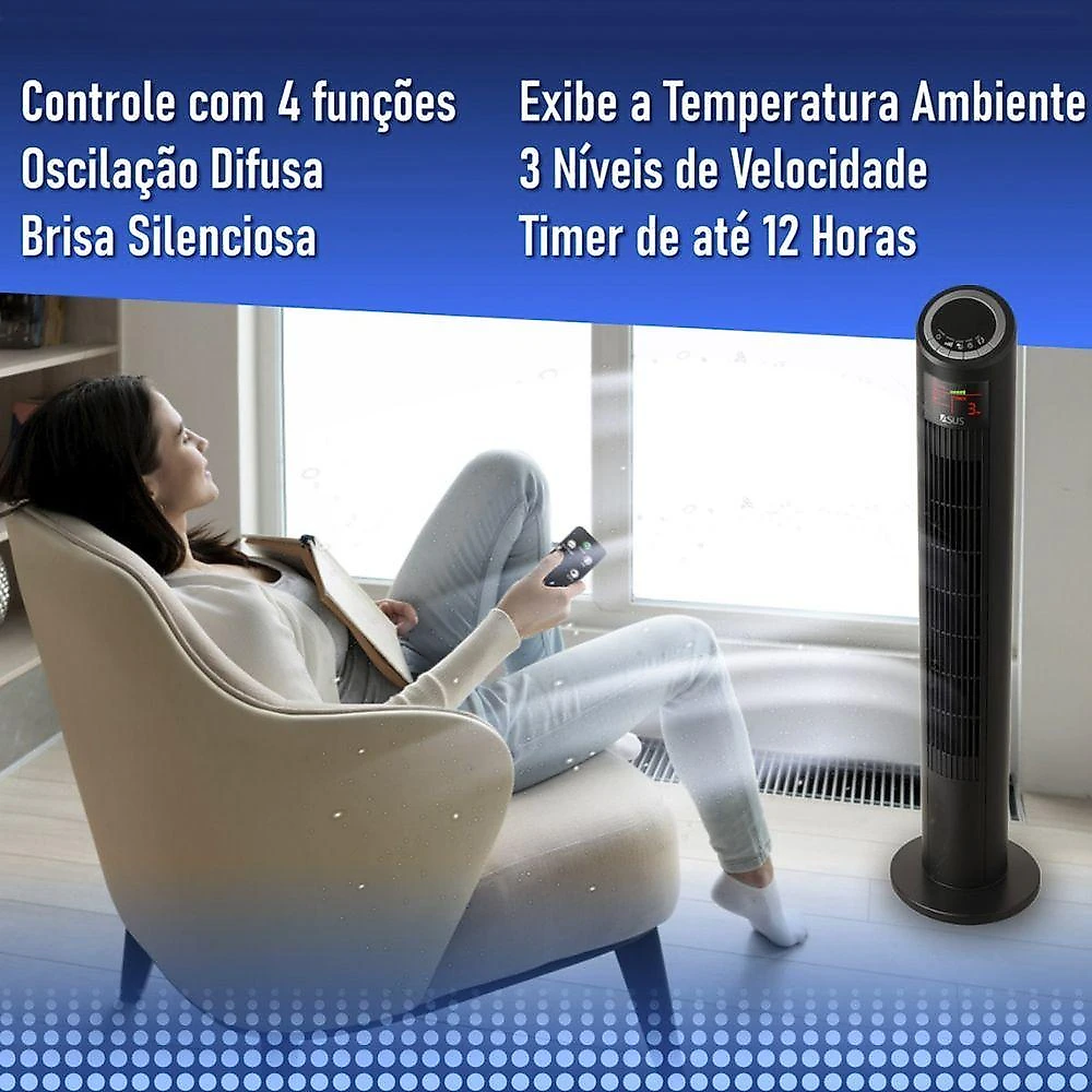 Ventilador Torre Leva Pra Casa 70W 3 Pás 3 Velocidades VTR-01 Preto 110V