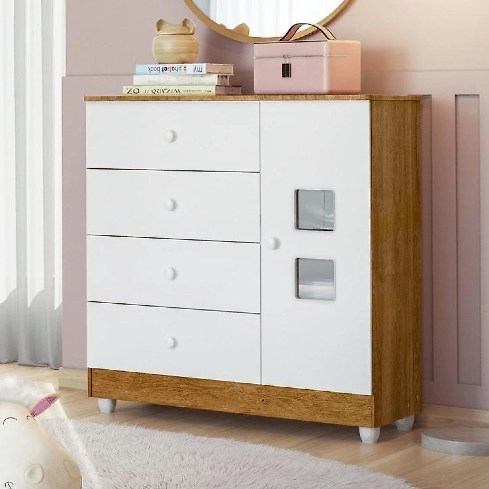 Quarto de Bebê com Berço Mini Cama, Cômoda 1 Porta 4 Gavetas e Roupeiro 100% Mdf 3 Portas 2 Gavetas Branco/Madeirado Ypê