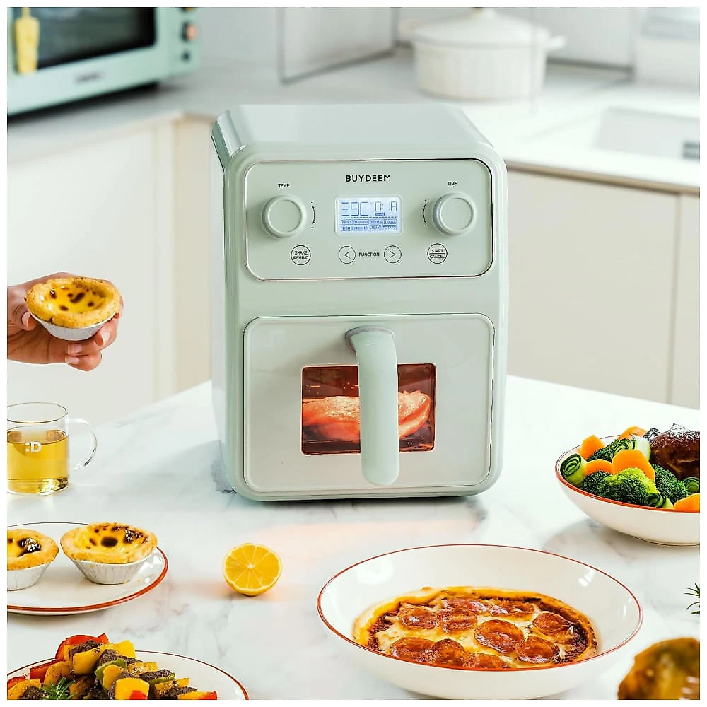 Forno Airfryer 4 Litros 8 em 1 com Janela Retrô e Lembrete de Agitar, 110V 1200W, Buydeem, Verde 110v