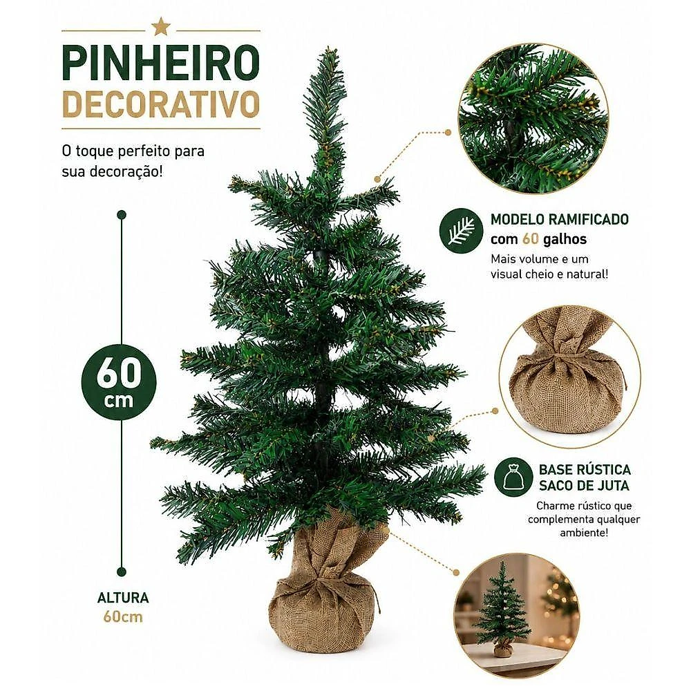 Pinheiro de Natal Luxo com 60 Galhos e Base em Saco de Juta Rústico Verde Bela Flor 60CM