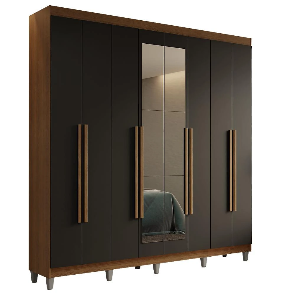 Guarda-roupa casal com pés 8 portas batentes com espelho rustic/preto/rustic saturno madesa