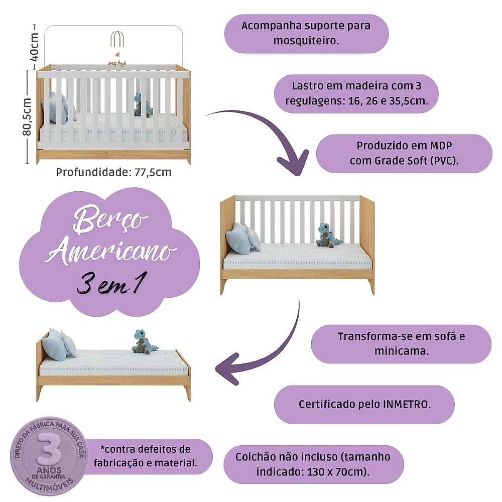 Quarto de Bebê Completo com Berço Americano 3 em 1 Sonho Multimóveis MP4619 Branco/Madeirado