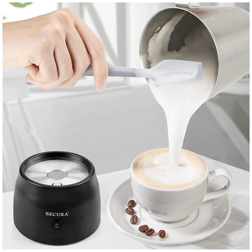 Espumador de Leite e Vaporizador Secura 500ml, em Inox, Elétrico para Espuma Quente/Fria em Lattes, Cappuccinos e Chocolate Quente, Hélices 2 em 1.