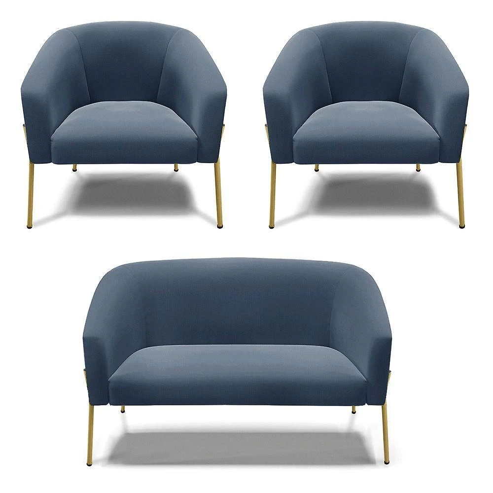 Sofá Namoradeira E 2 Poltronas Pé De Ferro Dourado Stella Suede Azul Marinho D03 - D'rossi