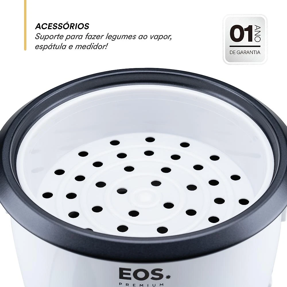 Panela Elétrica de Arroz 8 Xícaras EOS Premium Pratic Tampa de Vidro Branco EPA08B 220V