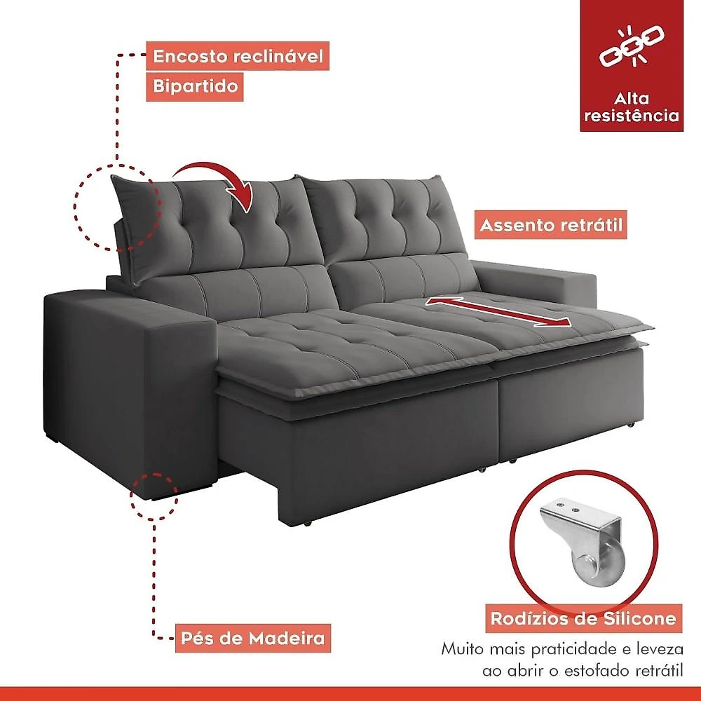 Sofá Retrátil e Reclinável 4 Lugares Pillowtop Duplo Paris Sofá Retrátil e Reclinável 4 Lugares Pillowtop Duplo M118 Veludo/Cinza