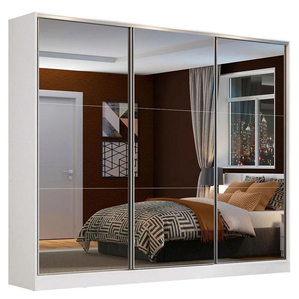 Guarda roupa casal 100% mdf madesa zurique 3 portas de correr de espelho - branco