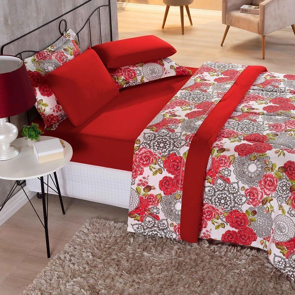 Kit Edredom + Jogo De Lençol Malha 100% Algodão Primavera 7 Peças King - Floral Vermelho