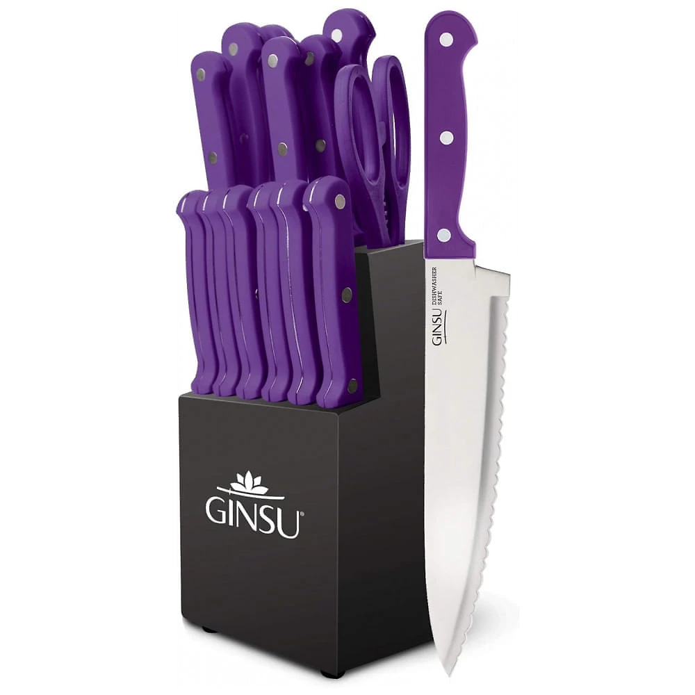 Conjunto de Facas em Aço Inoxidável com Bloco de Bancada, 14 Peças, Ginsu Kiso, Roxo