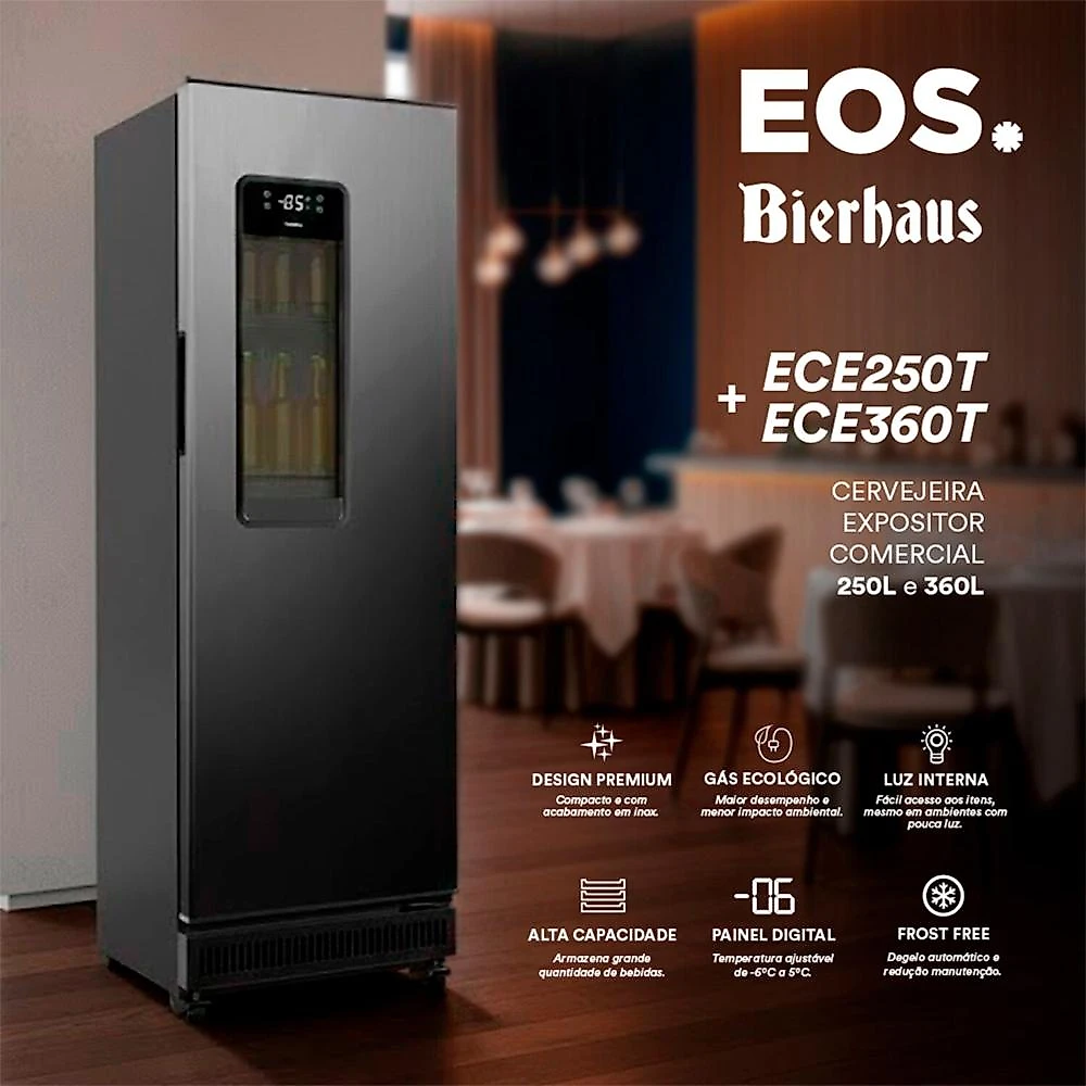 Cervejeira Expositor Vertical 360 Litros Frost Free EOS Bierhaus MAX Preto/Inox Titanium ECE360T 110V