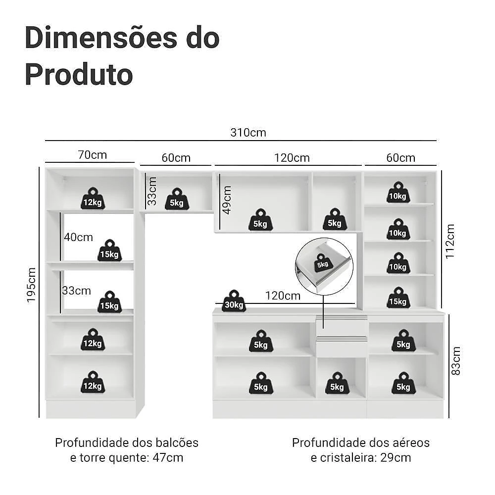Armário De Cozinha Completa 100% Mdf 310 Cm Smart Madesa 04 Branco