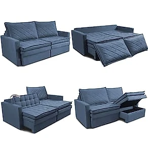 Sofá 3 Lugares Cama InBox Marselha II Retrátil/Reclinável com Baú Revestimento Suede Velusoft - 200cm de Largura Azul