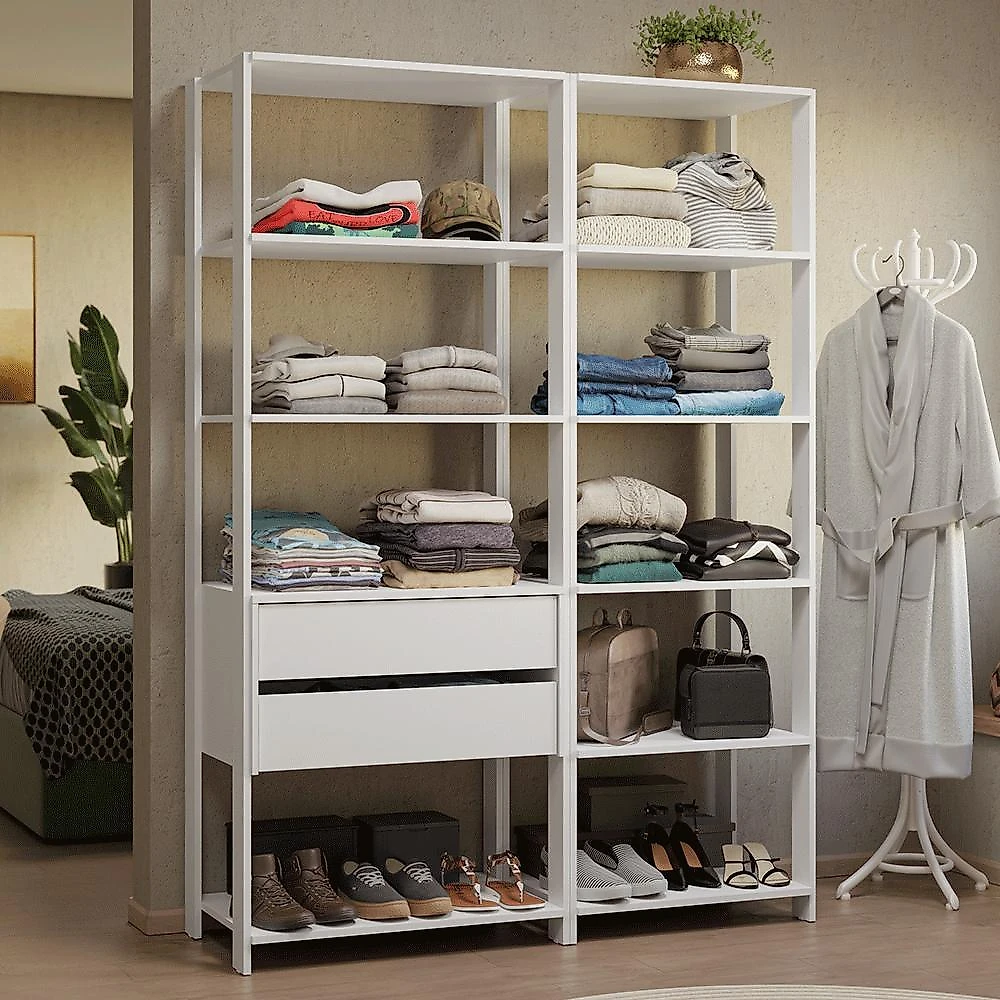 Guarda-roupa closet modulado 2 gavetas 9 prateleiras 129 cm branco valencia madesa