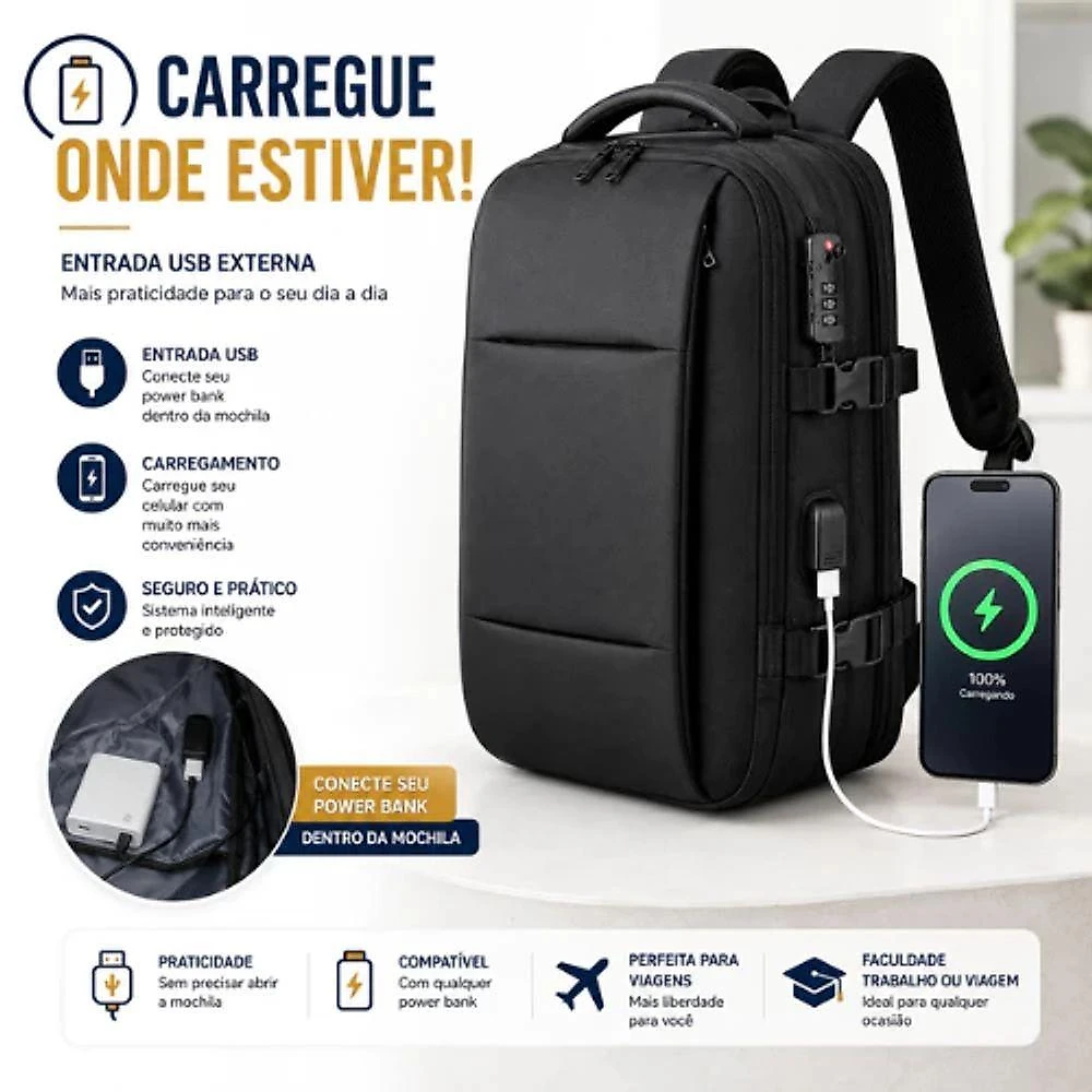 Mochila para Notebook B-Max Executiva Antifurto Impermeável Usb Cadeado Numérico 15,6" Unissex
