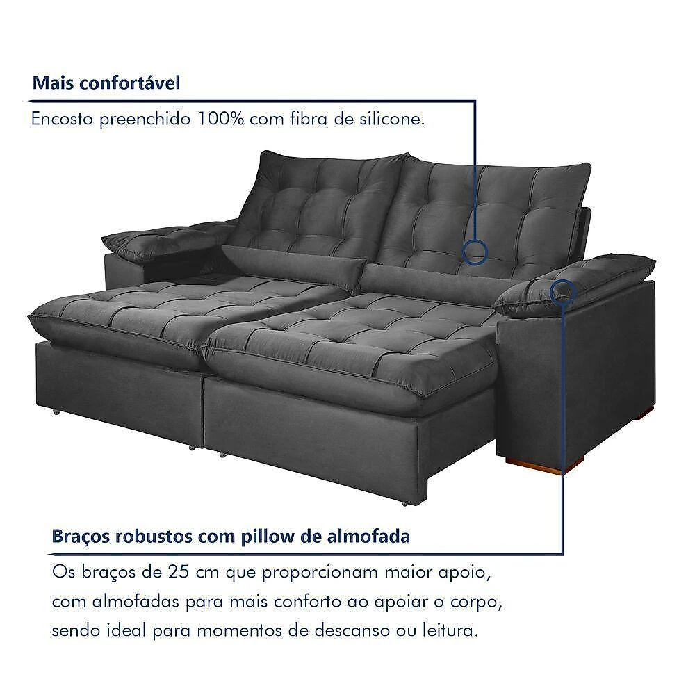 Sofá Retrátil e Reclinável Valencia 4 Lugares 290CM Cinza Veludo Rei de Casa