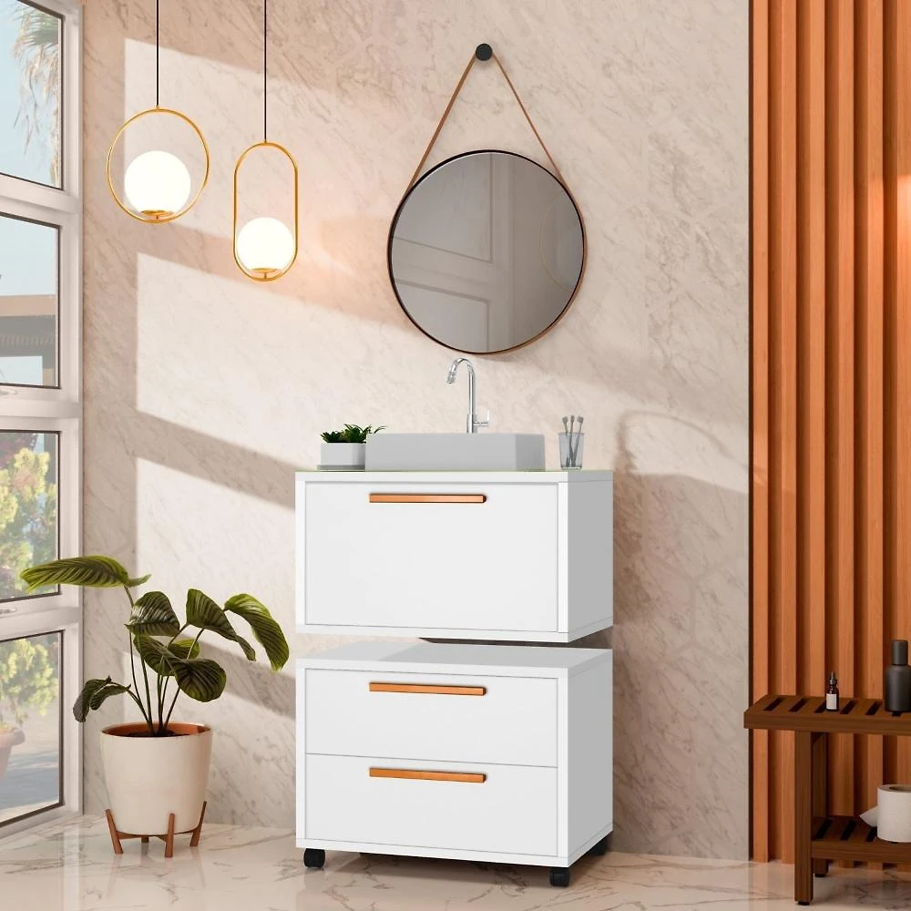 Conjunto Gabinete para Banheiro com Rodizio, Tampo de Vidro, Cuba de Sobrepor e Espelho Kyoto 60 Cm
