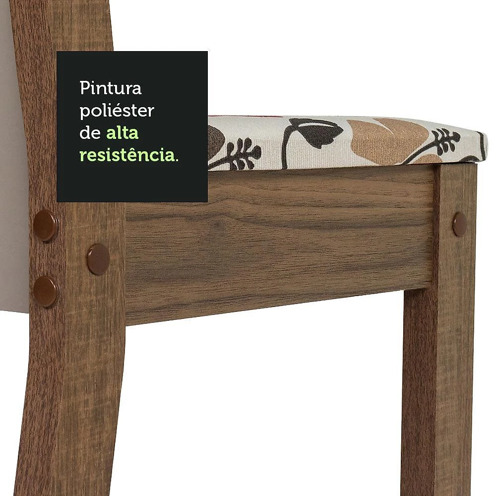Conjunto sala de jantar mesa tampo de vidro 4 cadeiras rustic/crema/hibiscos suzy madesa