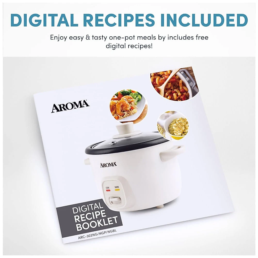Panela de Arroz AROMA® Mini Rice Cooker, 2 Xícaras (cru) / 4 Xícaras (Cozido), Cozinha Grãos, Faz Sopas, Mingau e Mantém Aquecido.