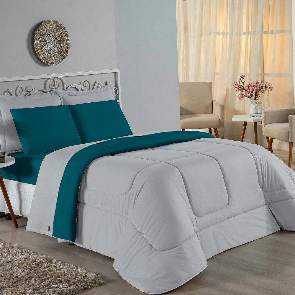 Edredom Queen Nobre 1 Peça Dupla Face 2,40m X 2,60m Malha 100% Algodão - Cinza / Petróleo
