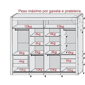 Guarda-Roupa Casal Mademarques Sevilha com 2 Portas, 6 Gavetas, 10 Prateleiras e Espelho - 228cm de largura Amendôa