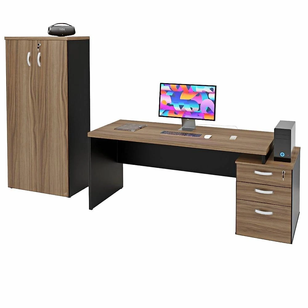 Conjunto Mesa Pedestal e Armário Alto Escritório Nogal / Preto