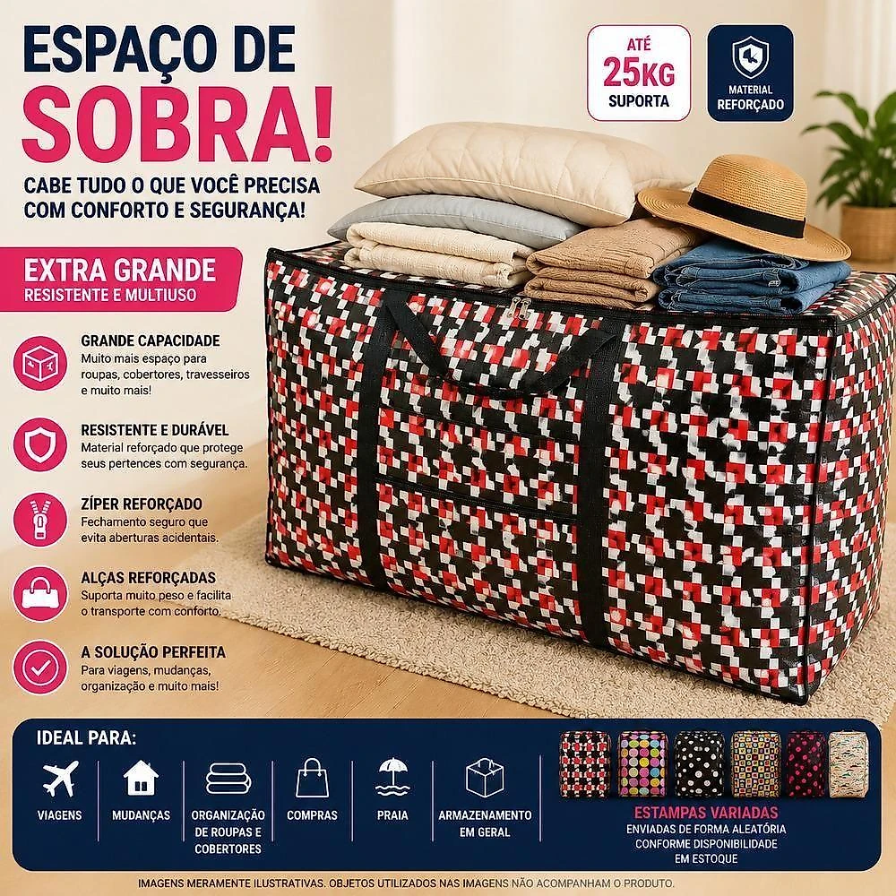 Bolsa Multiuso Extra Grande com Zíper Plástico PP Resistente Caramelo Único