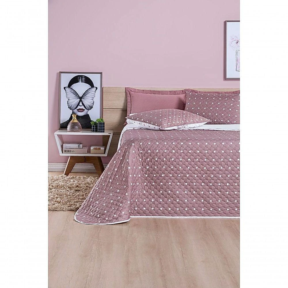 Cobre Leito + Jogo De Cama Casal Padrão + Jogo De Banho Petit Poá 12 Peças 100% Poliéster - Rose