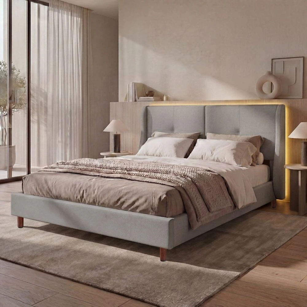 Cama Estofada Queen com Estrutura Reforçada e Design Moderno Aura Cinza