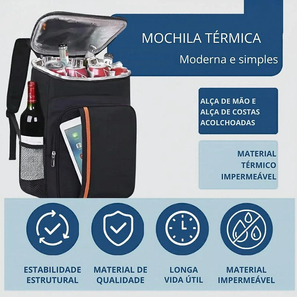 Mochila Térmica Viagem Impermeável com Bolsos e Alças Cinza