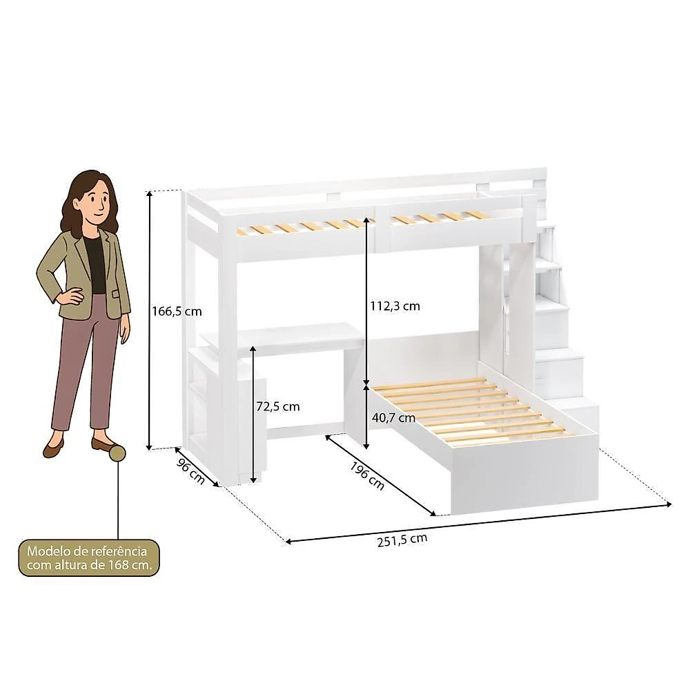 Beliche em l Solteiro com Escrivaninha para Colchão 88x188cm Branco Multimóveis