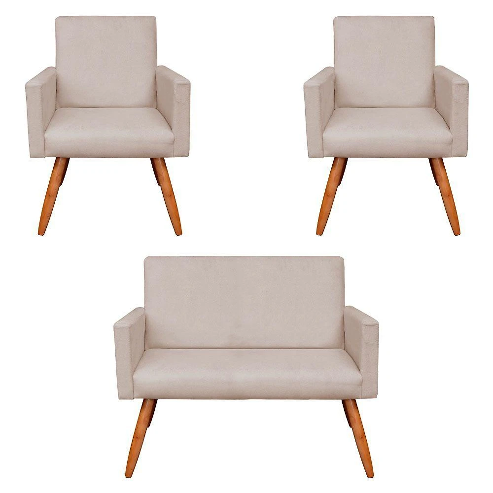 Kit 2 Poltronas/Namoradeira Veludo Bege Pés Palito Castanho