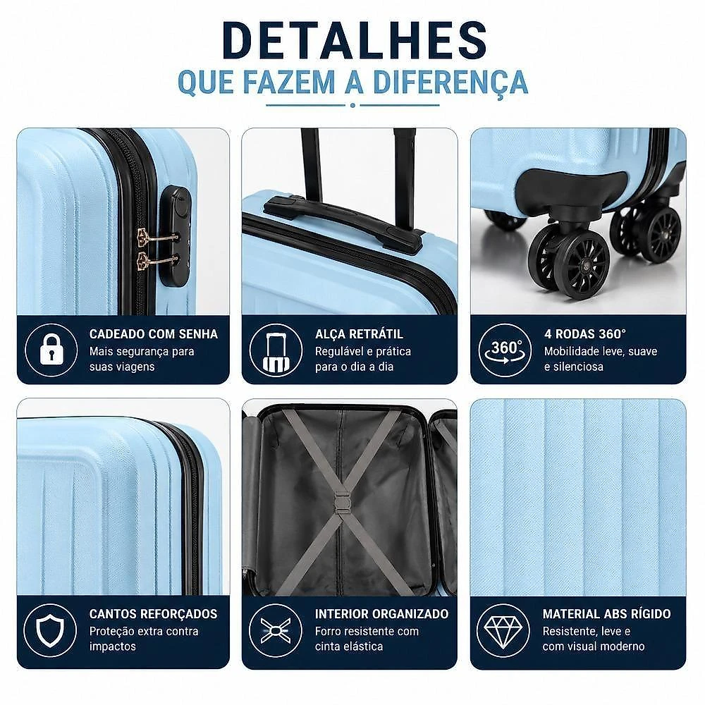 Mala de Bordo Rígida ABS 10kg Cadeado Trava Senha 4 Rodas 360 graus  Azul Yeet