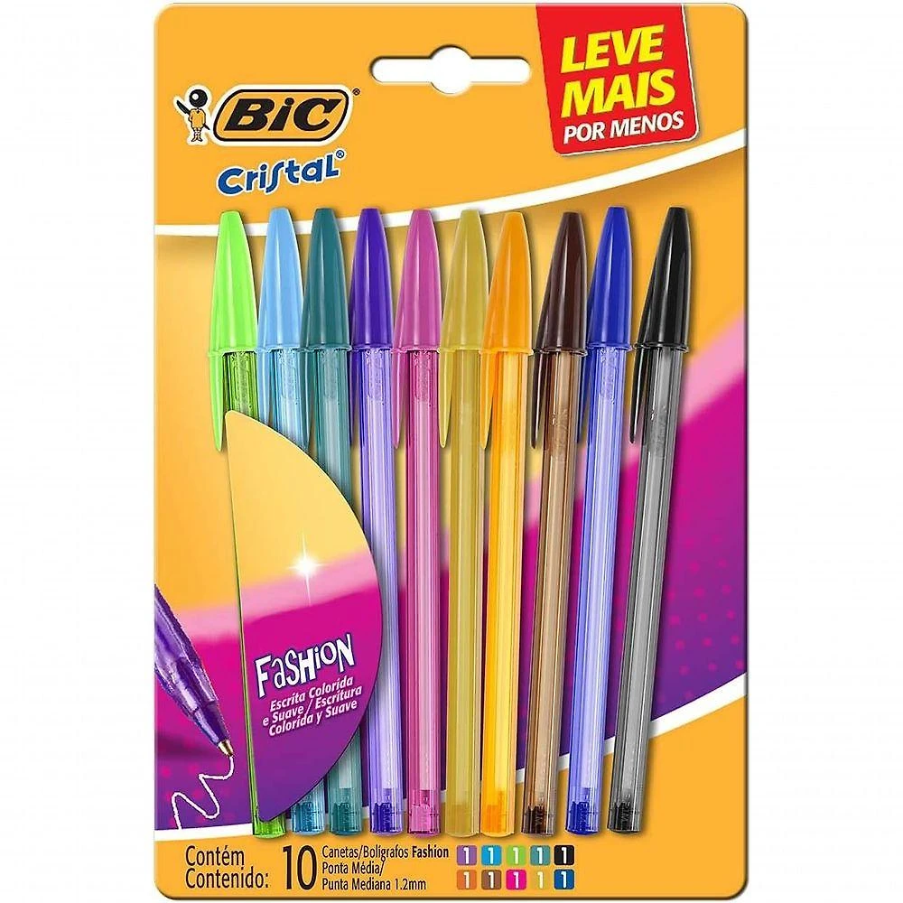 Canetas Coloridas Bic Cristal Fashion 10 Cores Vibrantes Ponta Esferográfica