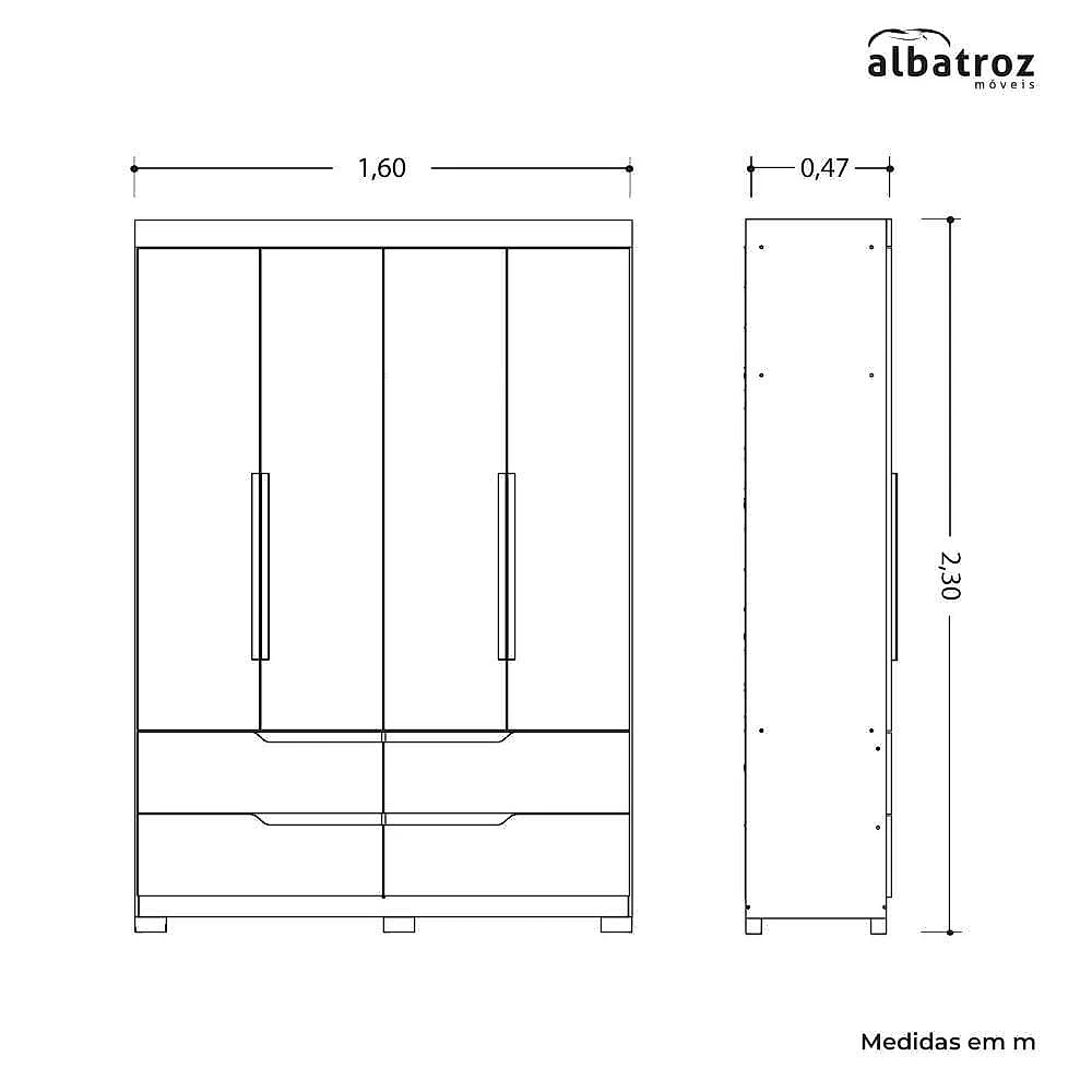 Guarda Roupa Solteiro Doble 4 Portas de Bater 4 Gavetas MDP Branco 160CM Albatroz