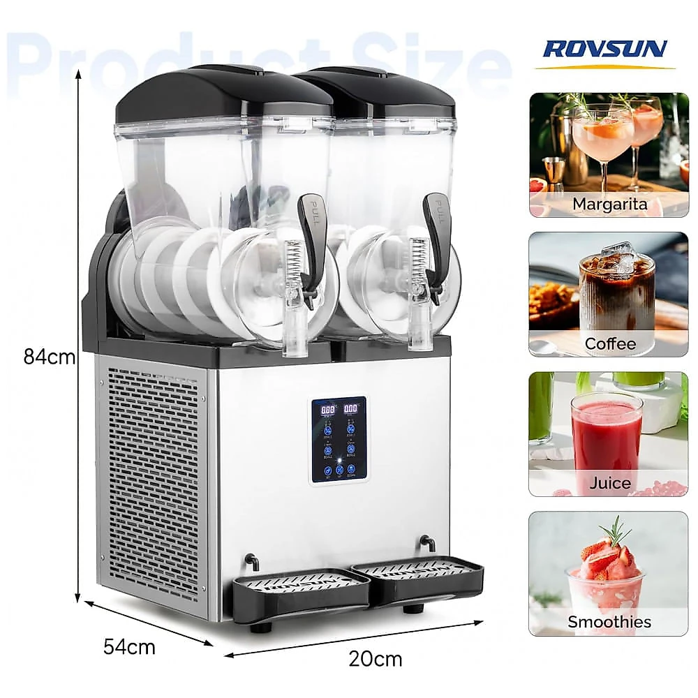 Máquina de Slush Raspadinha ROVSUN 30L Duplo Tanque Comercial Inox 110V