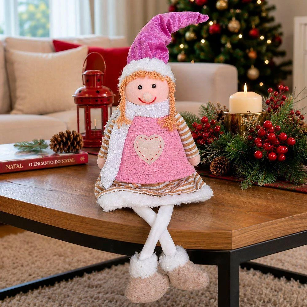 Boneco Criança Natalino Enfeite Decorativo Pernas Moles Flexiveis Rosa 64CM