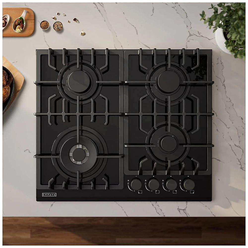 Cooktop a gás 59cm Empava vidro preto 4 queimadores SABAF selados dual fuel GN/GLP grade contínua 110V