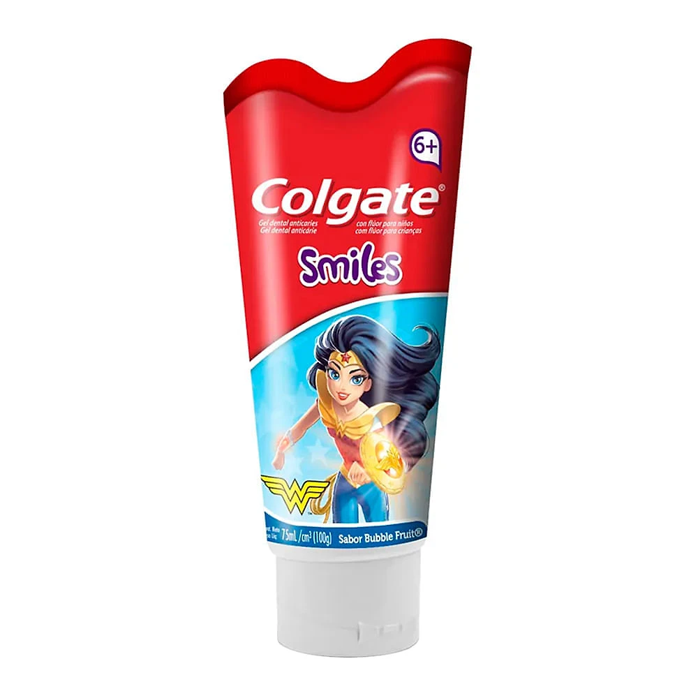 Gel Dental Infantil Colgate Smiles Liga da Justiça Personagens Sortidos com Flúor Sabor Bubble Fruit 100g
